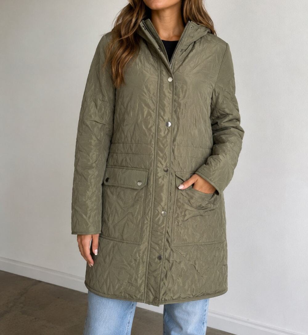 Womens Avec Les Filles Star Quilted Parka Olive Green Size XS EUC!